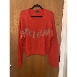 On 12th Red Soft Fuzzy Pullover Crewneck Sweater with Rhinestone Fringe Size XL